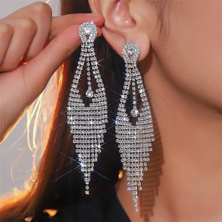 Silver Drop Rhinestone Hanging Earrings